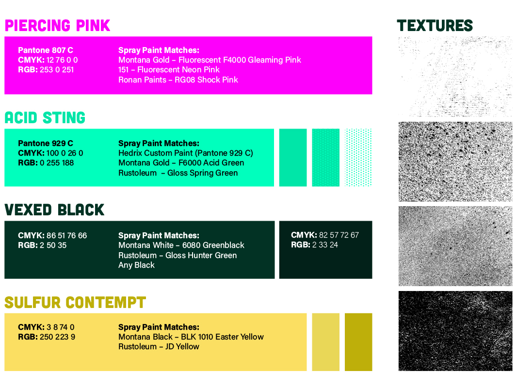 SHABP Color Palete featuring piercing pink—a vibrant pink, acid sting—a vivd turqouise, vexed black—a deep mossy black, and sulfur contempt—a duller yellow.